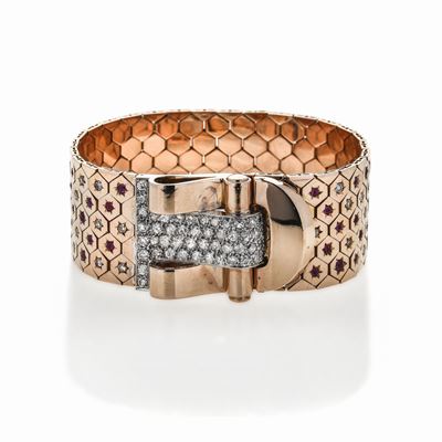 Bracciale in Oro Rosa, Platino, Diamanti e Rubini Walser Wald