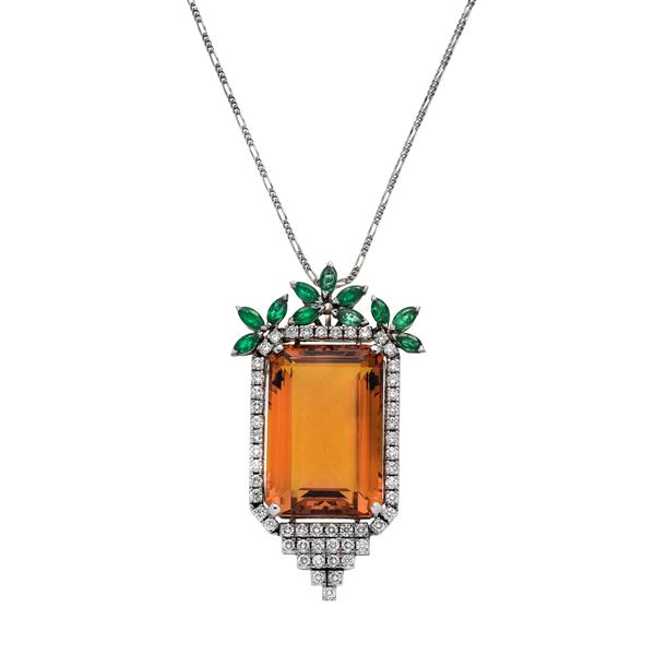 Pendant in white gold, diamonds, emeralds and citrine quartz  - Auction Antique Jewellery, Modern and Watches - Curio - Casa d'aste in Firenze