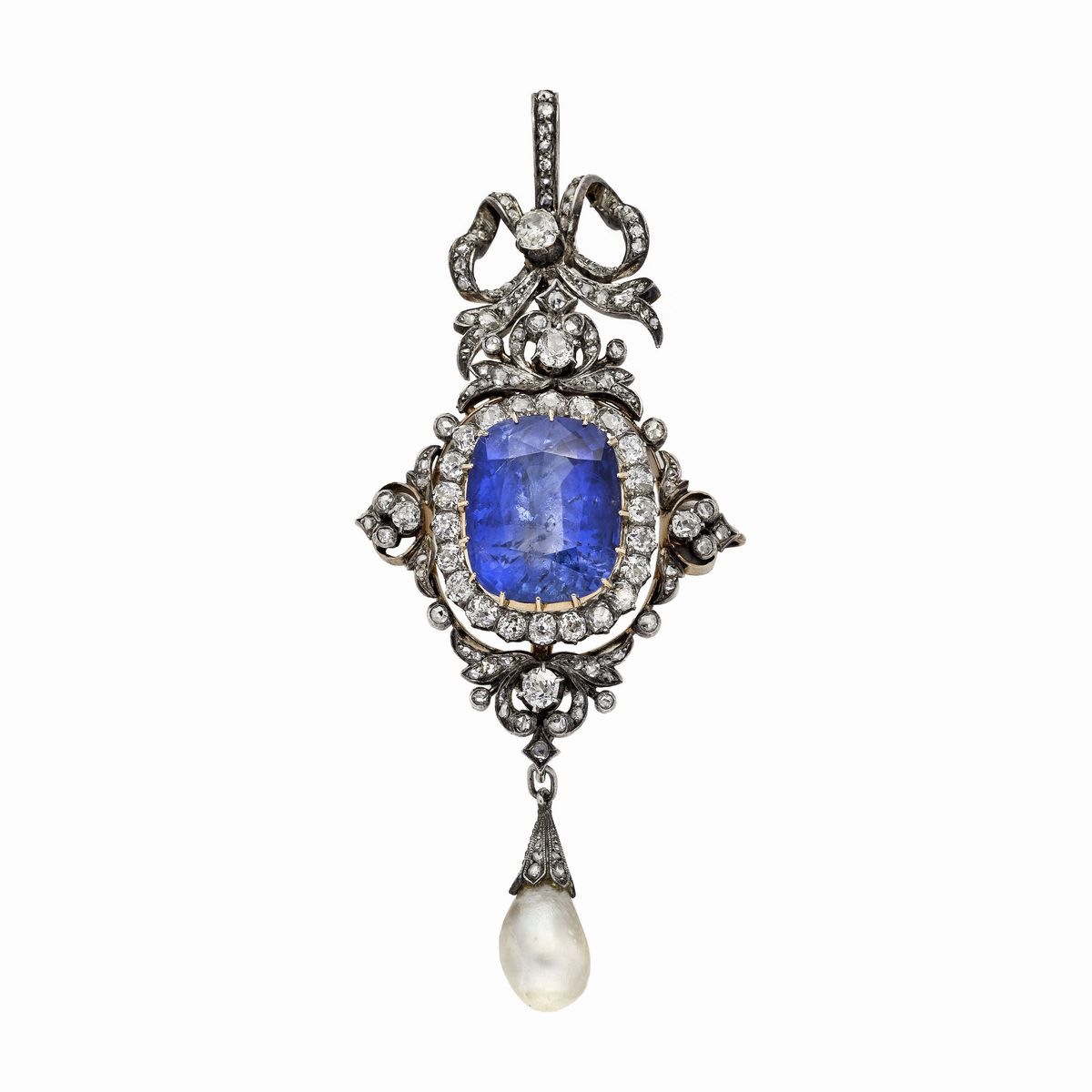 Importante Parure in Oro Giallo, Argento, Diamanti, Perle Naturali e Zaffiro Ceylon Naturale