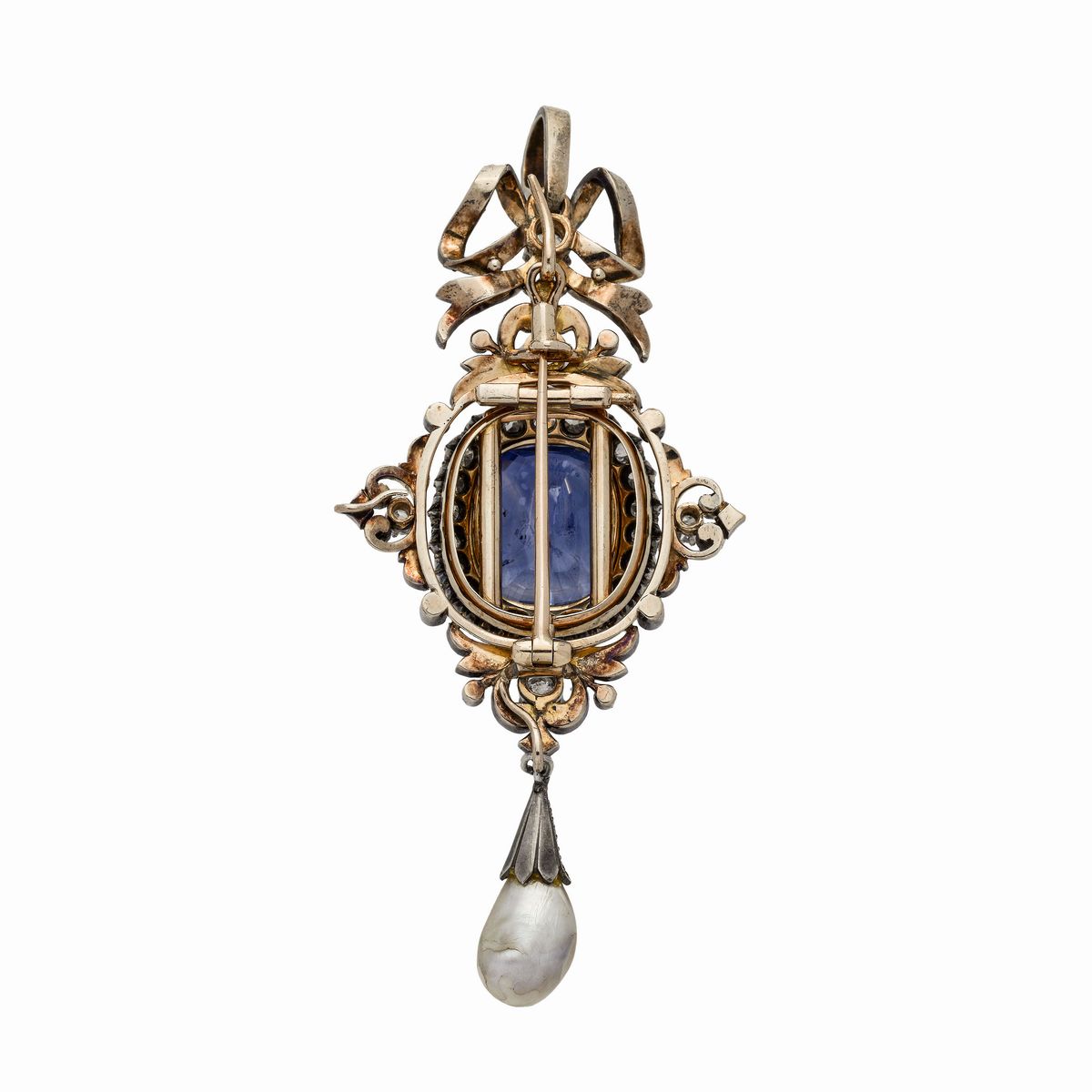 Importante Parure in Oro Giallo, Argento, Diamanti, Perle Naturali e Zaffiro Ceylon Naturale