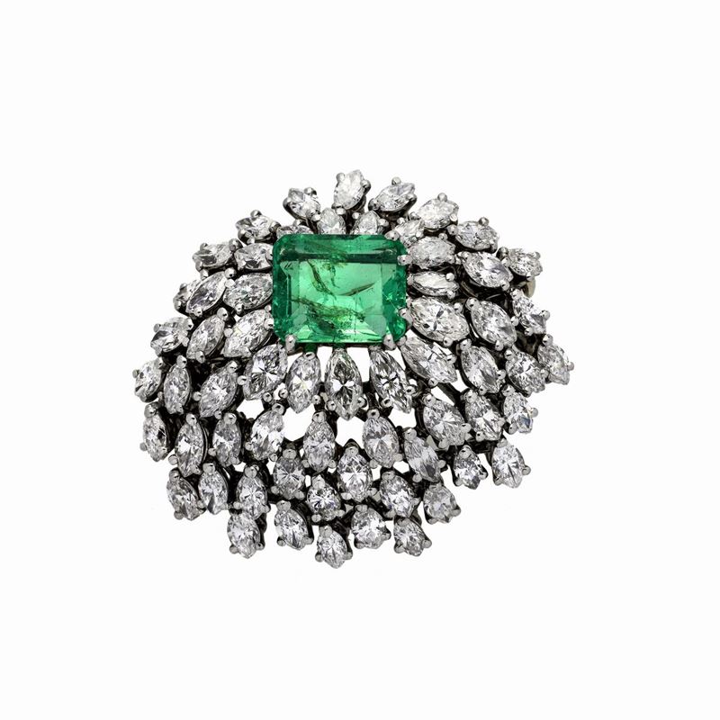 Spilla in Oro Bianco, Diamanti e Smeraldo