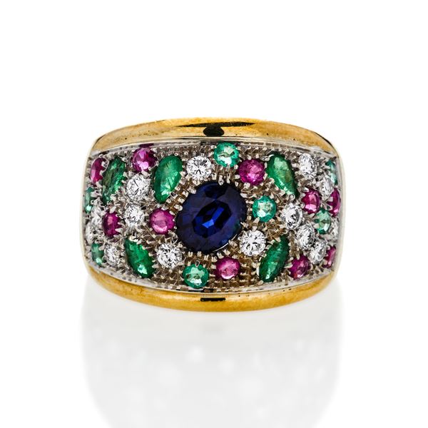 Ring in yellow gold, diamonds, emeralds, rubies and sapphires