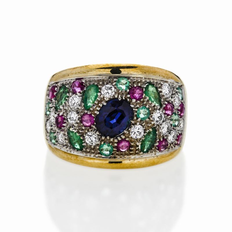 Anello in Oro Giallo, Diamanti, Smeraldi, Rubini e Zaffiri