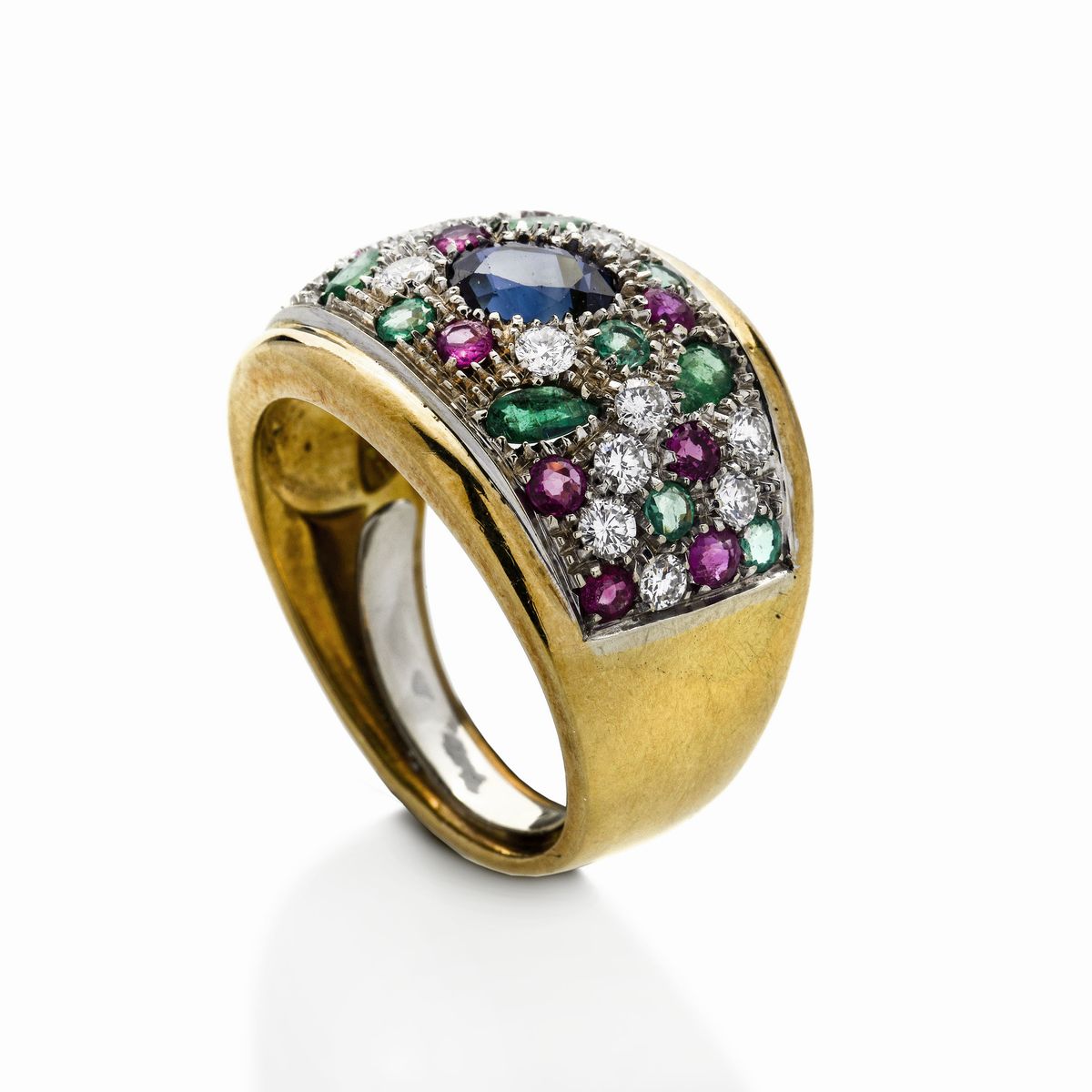 Anello in Oro Giallo, Diamanti, Smeraldi, Rubini e Zaffiri