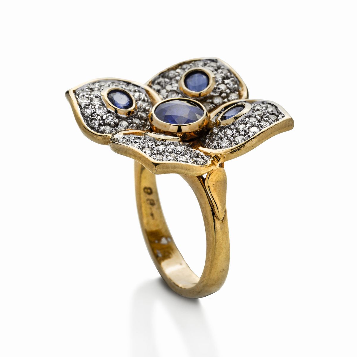 Anello Fiore in Oro Giallo, Diamanti e Zaffiri