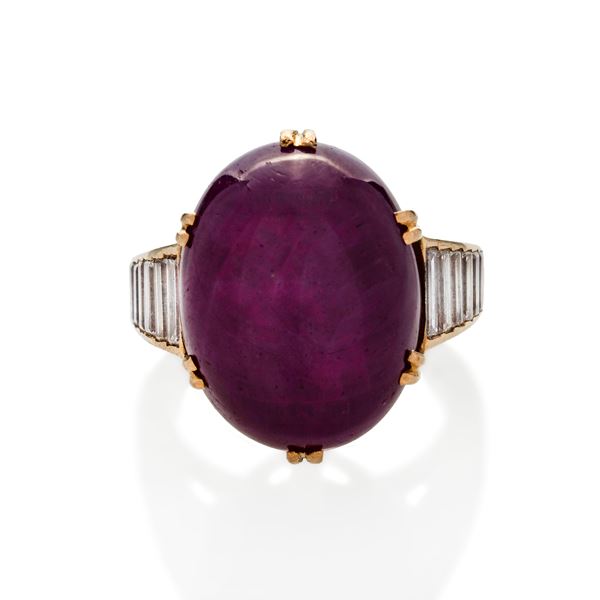 Ring in yellow gold, diamonds and ruby root