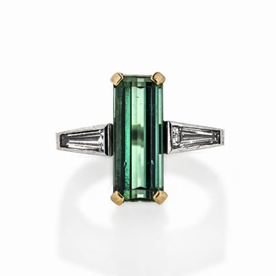 Anello in Oro Bianco, Oro Giallo, Tormalina Verde e Diamanti