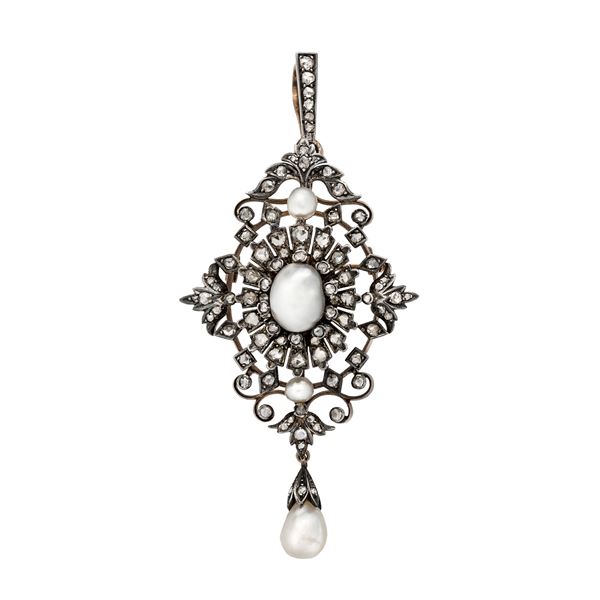 Brooch in yellow gold, silver, diamonds and natural pearls