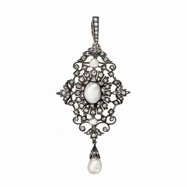 Brooch in yellow gold, silver, diamonds and natural pearls