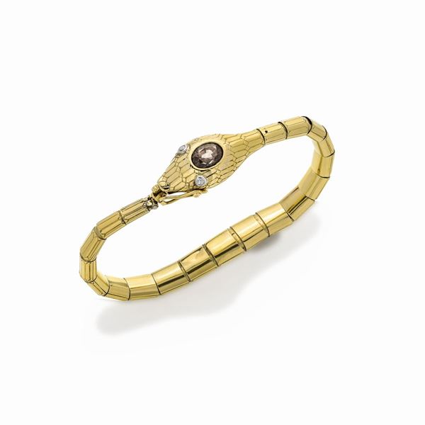 Snake bracelet in yellow gold and purple spinel
