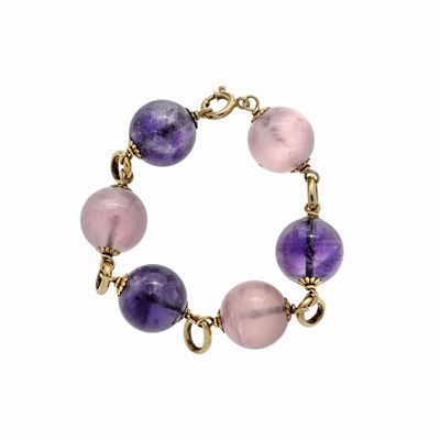 Bracciale in Oro Giallo, Quarzo Rosa e Ametista