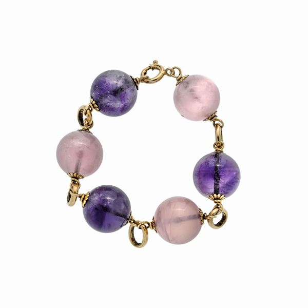 Bracciale in oro giallo, quarzo rosa e ametista