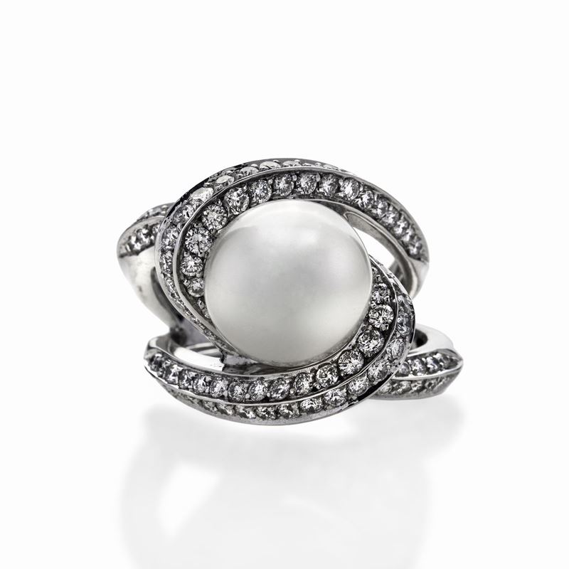 Anello in Oro Bianco, Diamanti e Perla