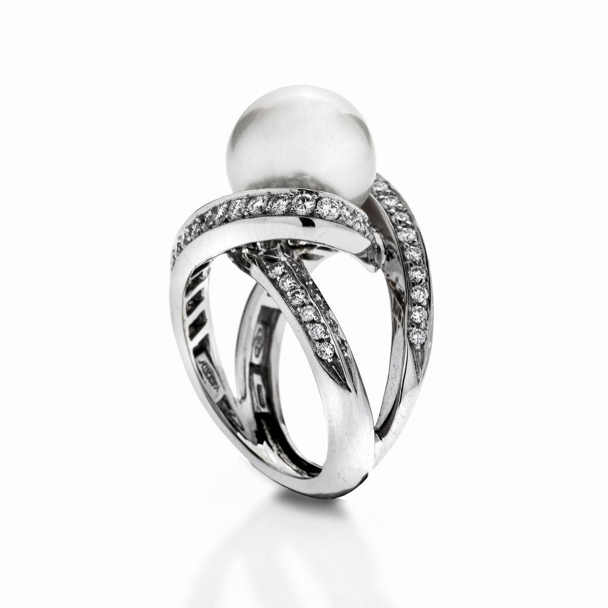 Anello in Oro Bianco, Diamanti e Perla