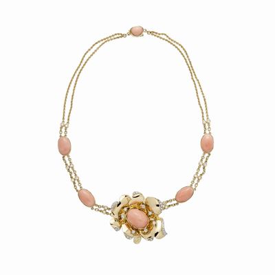 Collana in Oro Giallo, Diamanti e Corallo Pelle D'angelo