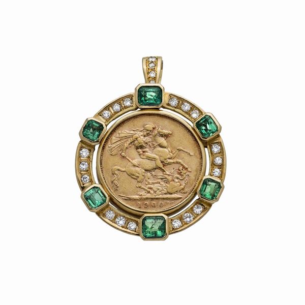 Pendant brooch in yellow gold, pound sterling, diamonds and emeralds