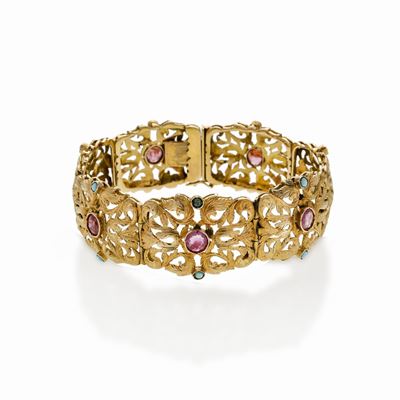 Bracciale in Oro Giallo, Rubini e Turchesi