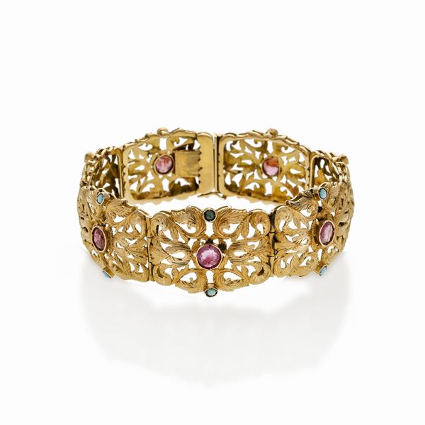 Bracelet in yellow gold, ruby and turquoise