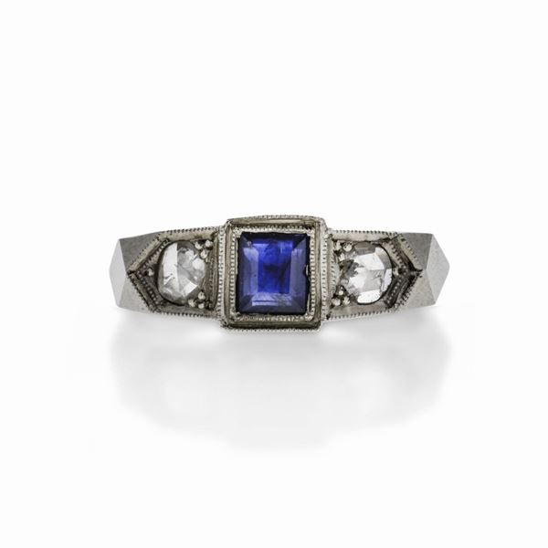 Men's ring in white gold, diamonds and spinel blu