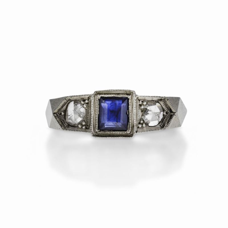 Anello da Uomo in Oro Bianco, Diamanti e Spinello Blu