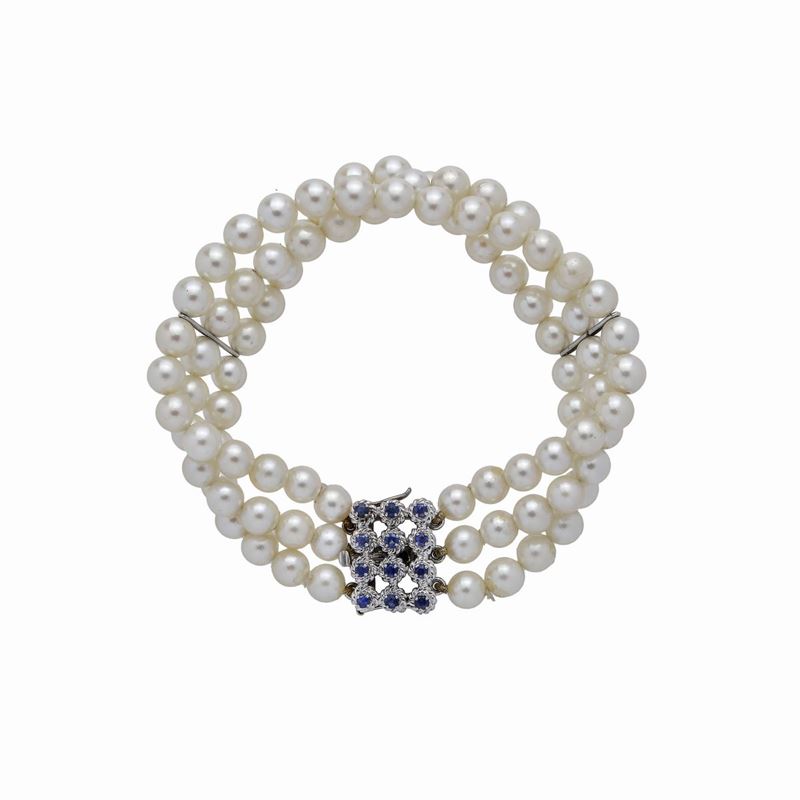 Bracciale in Perle, Oro Bianco e Zaffiri