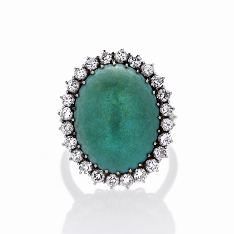 Anello in Oro Bianco, Diamanti e Turchese
