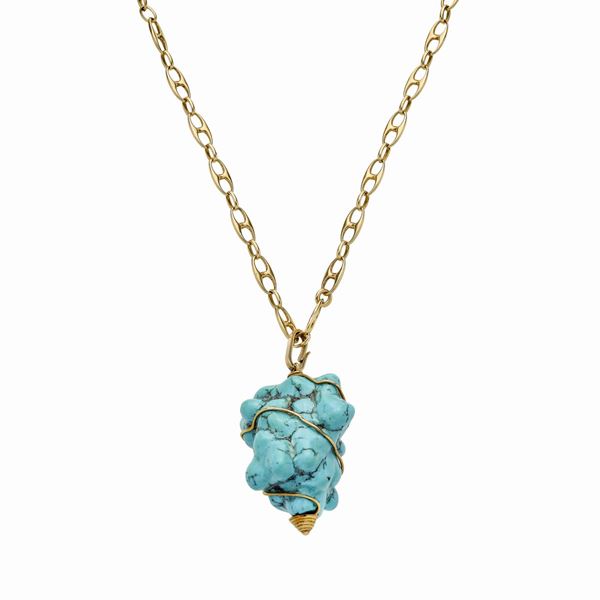 Yellow gold chain and pendant in yellow gold and turquoise  - Auction Antique Jewellery and Modern  - Curio - Casa d'aste in Firenze