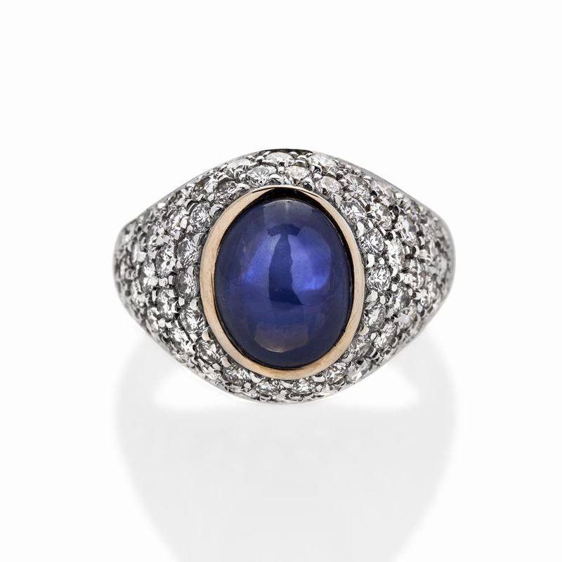 Anello in Oro Giallo, Oro Bianco, Diamanti e Zaffiro