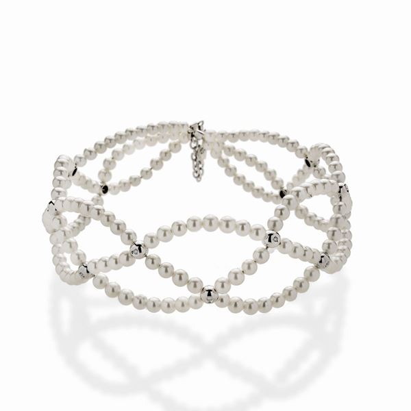 DAMIANI - Collier de chien in white gold, river pearls and Damiani diamonds