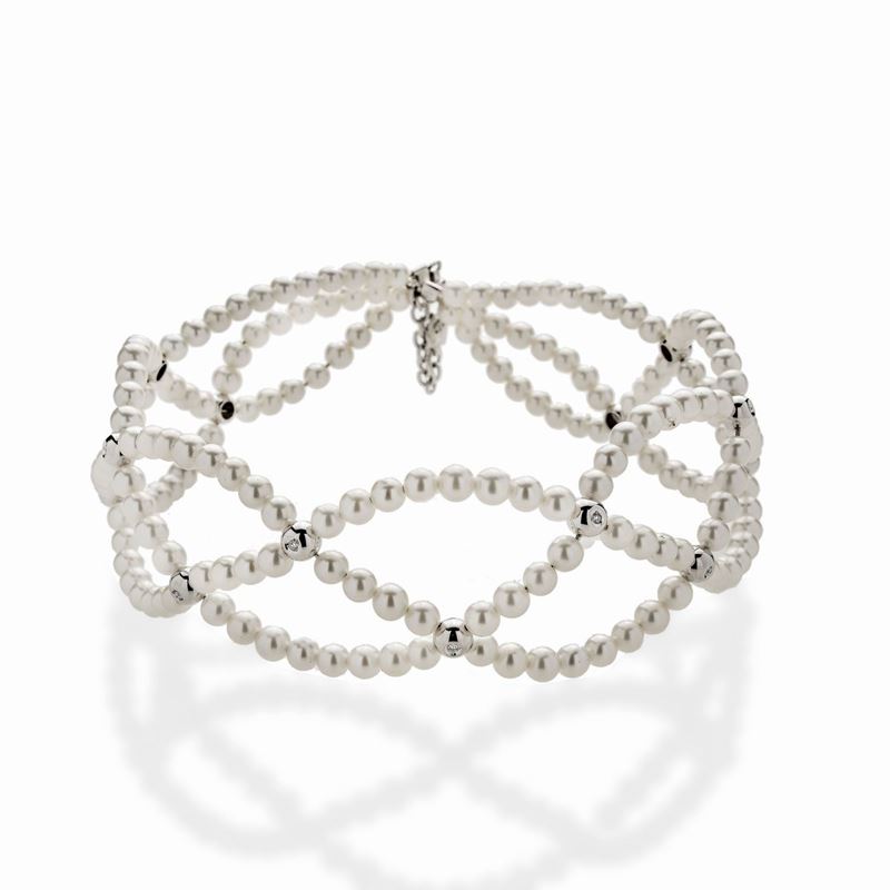 Collier De Chien in Oro Bianco, Perle e Diamanti Damiani