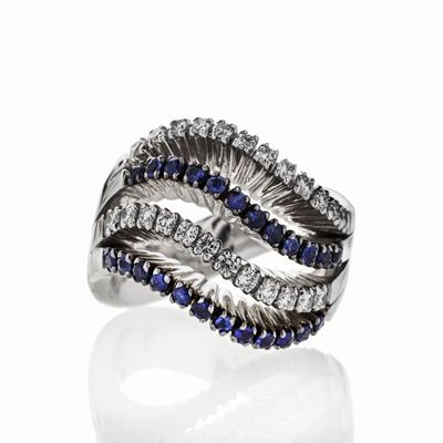 Anello in Oro Bianco, Diamanti e Zaffiri Damiani