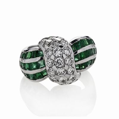 Anello in Oro Bianco, Diamanti e Smeraldi Princess Damiani