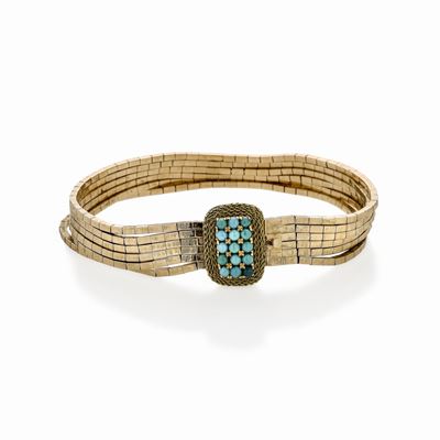 Bracciale in Oro Giallo e Turchesi uno a Erre
