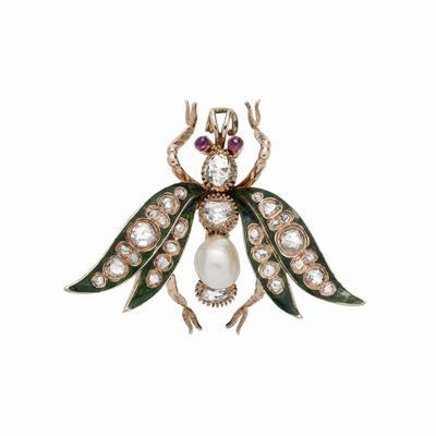 Spilla Libellula in Oro Giallo, Diamanti, Perla, Rubini e Smalto Verde