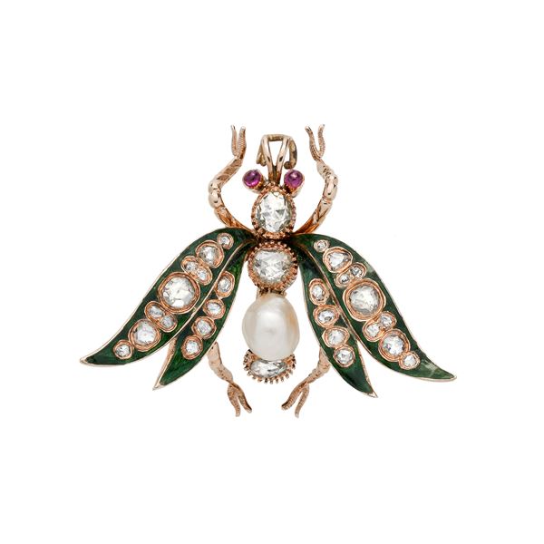 Libellula brooch in yellow gold, diamonds, pearl, ruby and green enamel