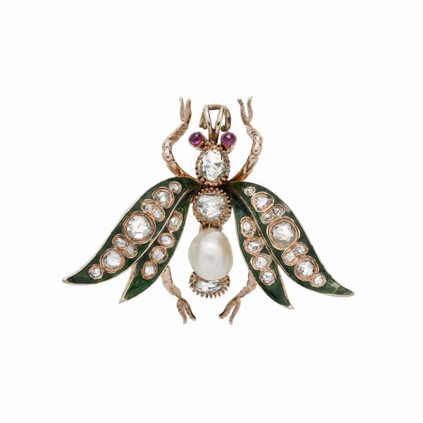 Spilla Libellula in oro giallo, diamanti, perla, rubini e smalto verde