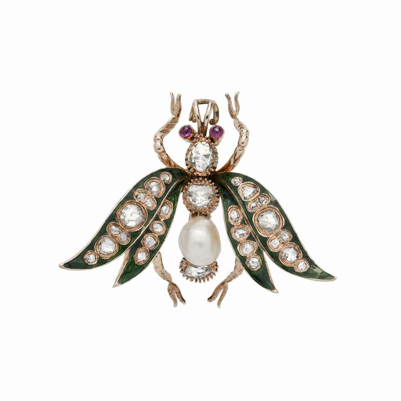 Spilla Libellula in Oro Giallo, Diamanti, Perla, Rubini e Smalto Verde