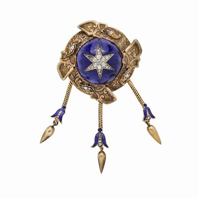 Spilla Portaritratti in Oro Giallo, Oro a Basso Titolo, Smalto Blu e Diamanti