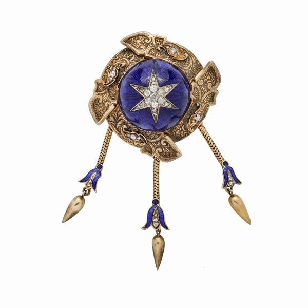 Picture frame brooch in yellow gold, low-key gold, blue enamel and diamonds  - Auction Antique Jewellery and Modern  - Curio - Casa d'aste in Firenze