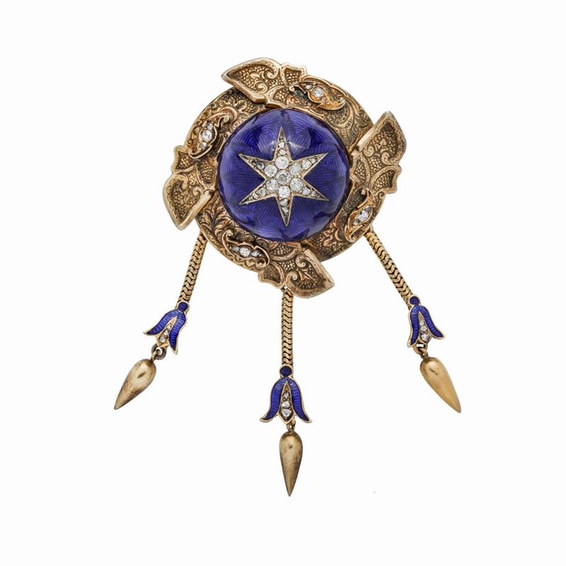 Spilla Portaritratti in Oro Giallo, Oro a Basso Titolo, Smalto Blu e Diamanti