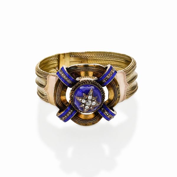 Gold bracelet with a low title, blue enamel and diamonds