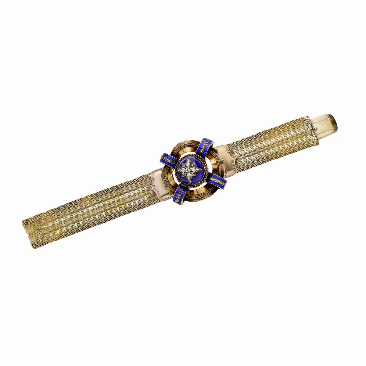 Bracciale in Oro Giallo, Oro a Basso Titolo, Smalto Blu e Diamanti