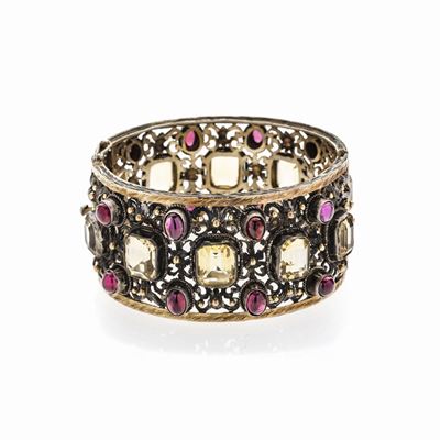 Bracciale Rigido in Oro Giallo, Argento, Granati e Quarzi Citrini