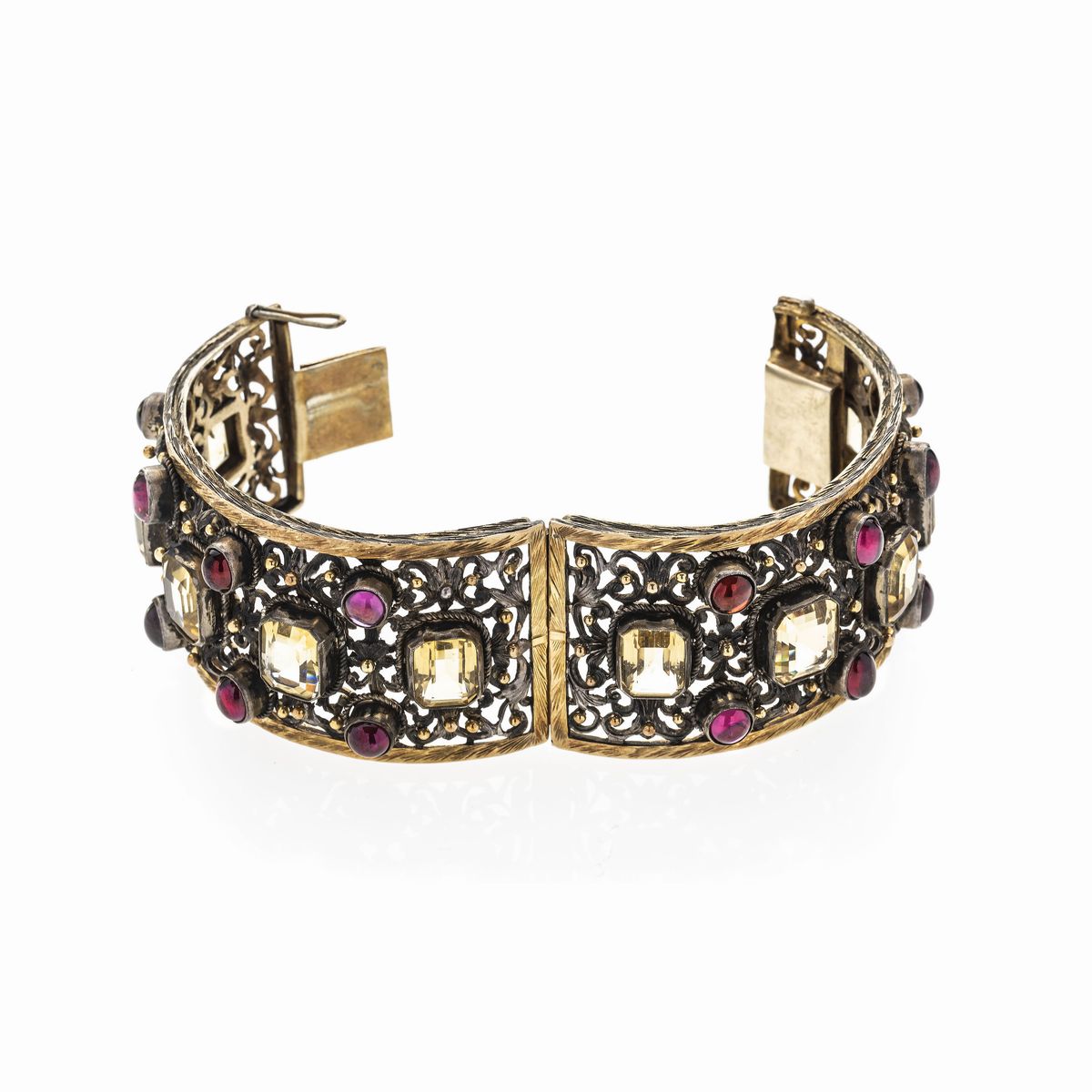 Bracciale Rigido in Oro Giallo, Argento, Granati e Quarzi Citrini
