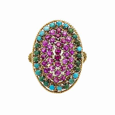 Anello a Losanga in Oro Giallo, Rubini Naturali e Turchesi