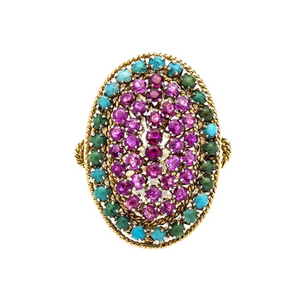 Lozenge ring in yellow gold, natural and turquoise rubies