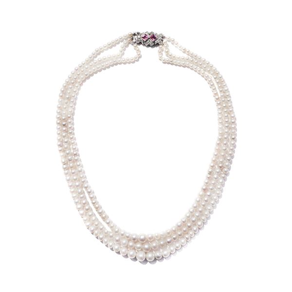 Necklace with two strands of natural pearls, platinum, diamonds and rubies