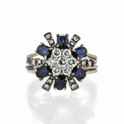 Anello in Oro Bianco, Diamanti e Zaffiri
