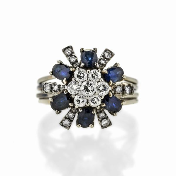 Anello in oro bianco, diamanti e zaffiri