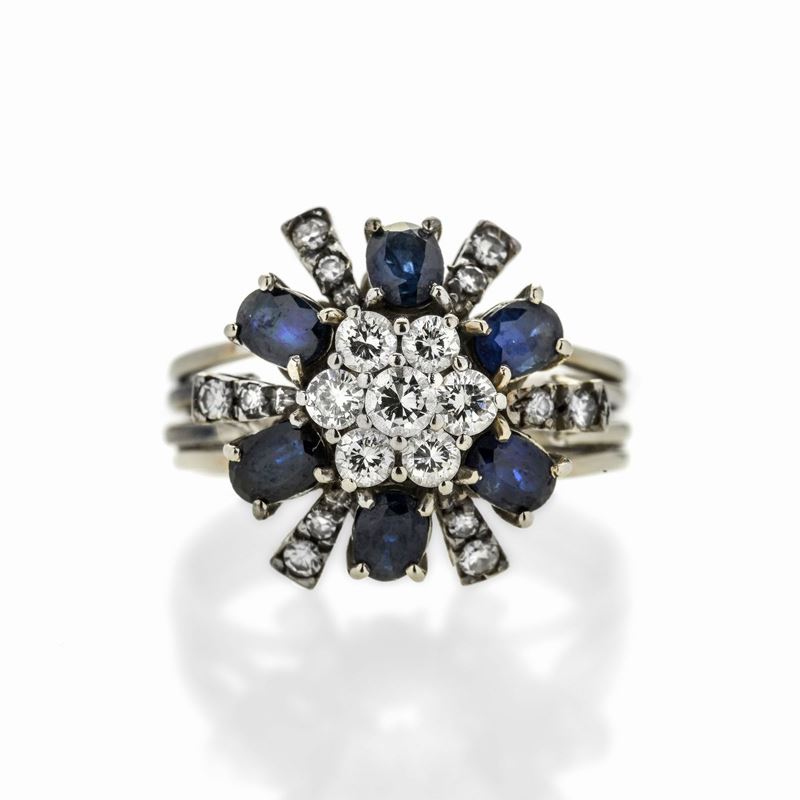 Anello in Oro Bianco, Diamanti e Zaffiri